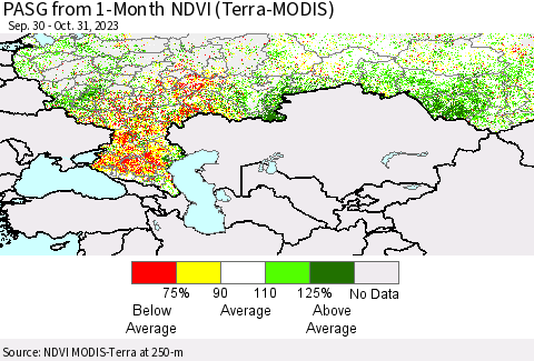 Russian Federation PASG from 1-Month NDVI (Terra-MODIS) Thematic Map For 10/24/2023 - 10/31/2023