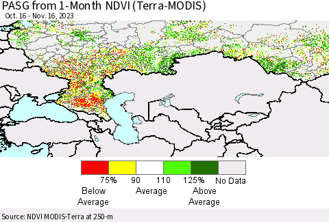 Russian Federation PASG from 1-Month NDVI (Terra-MODIS) Thematic Map For 11/9/2023 - 11/16/2023