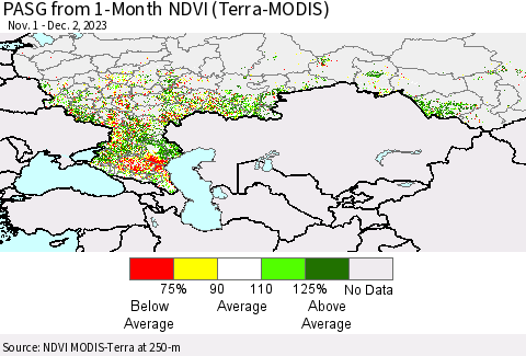 Russian Federation PASG from 1-Month NDVI (Terra-MODIS) Thematic Map For 11/25/2023 - 12/2/2023