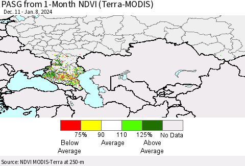 Russian Federation PASG from 1-Month NDVI (Terra-MODIS) Thematic Map For 1/1/2024 - 1/8/2024