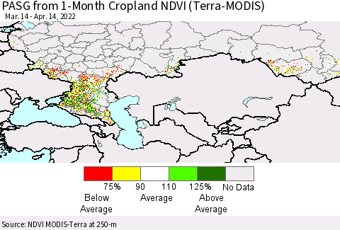 Russian Federation PASG from 1-Month Cropland NDVI (Terra-MODIS) Thematic Map For 4/7/2022 - 4/14/2022