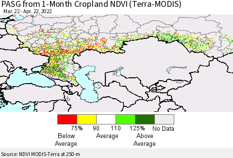 Russian Federation PASG from 1-Month Cropland NDVI (Terra-MODIS) Thematic Map For 4/15/2022 - 4/22/2022