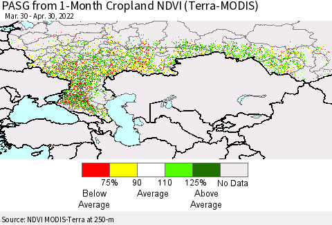 Russian Federation PASG from 1-Month Cropland NDVI (Terra-MODIS) Thematic Map For 4/23/2022 - 4/30/2022