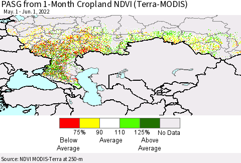 Russian Federation PASG from 1-Month Cropland NDVI (Terra-MODIS) Thematic Map For 5/25/2022 - 6/1/2022