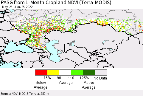 Russian Federation PASG from 1-Month Cropland NDVI (Terra-MODIS) Thematic Map For 6/18/2022 - 6/25/2022