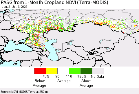 Russian Federation PASG from 1-Month Cropland NDVI (Terra-MODIS) Thematic Map For 6/26/2022 - 7/3/2022
