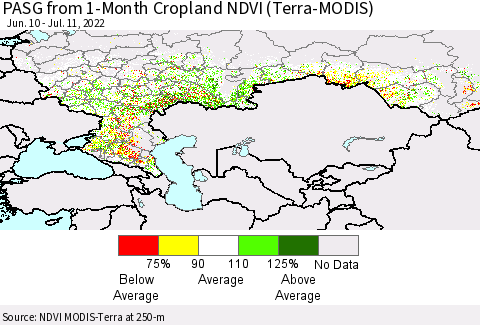 Russian Federation PASG from 1-Month Cropland NDVI (Terra-MODIS) Thematic Map For 7/4/2022 - 7/11/2022