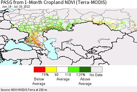 Russian Federation PASG from 1-Month Cropland NDVI (Terra-MODIS) Thematic Map For 7/12/2022 - 7/19/2022