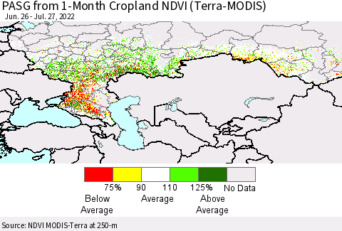 Russian Federation PASG from 1-Month Cropland NDVI (Terra-MODIS) Thematic Map For 7/20/2022 - 7/27/2022