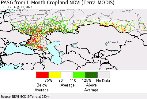 Russian Federation PASG from 1-Month Cropland NDVI (Terra-MODIS) Thematic Map For 8/5/2022 - 8/12/2022