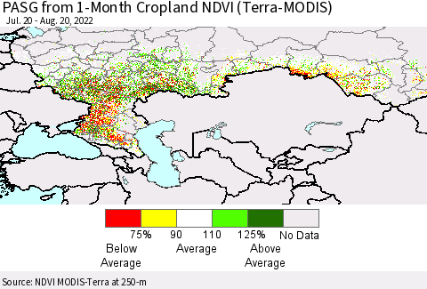 Russian Federation PASG from 1-Month Cropland NDVI (Terra-MODIS) Thematic Map For 8/13/2022 - 8/20/2022