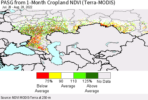 Russian Federation PASG from 1-Month Cropland NDVI (Terra-MODIS) Thematic Map For 8/21/2022 - 8/28/2022