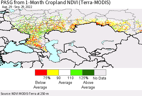 Russian Federation PASG from 1-Month Cropland NDVI (Terra-MODIS) Thematic Map For 9/22/2022 - 9/29/2022