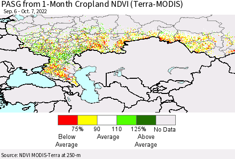 Russian Federation PASG from 1-Month Cropland NDVI (Terra-MODIS) Thematic Map For 9/30/2022 - 10/7/2022