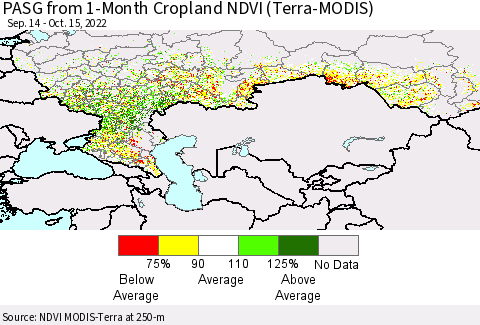 Russian Federation PASG from 1-Month Cropland NDVI (Terra-MODIS) Thematic Map For 10/8/2022 - 10/15/2022