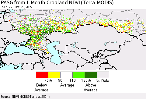 Russian Federation PASG from 1-Month Cropland NDVI (Terra-MODIS) Thematic Map For 10/16/2022 - 10/23/2022