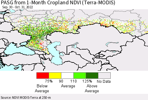 Russian Federation PASG from 1-Month Cropland NDVI (Terra-MODIS) Thematic Map For 10/24/2022 - 10/31/2022