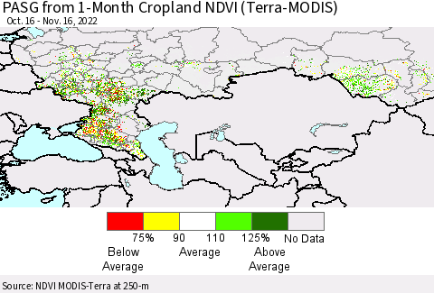 Russian Federation PASG from 1-Month Cropland NDVI (Terra-MODIS) Thematic Map For 11/9/2022 - 11/16/2022
