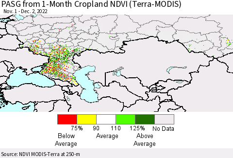 Russian Federation PASG from 1-Month Cropland NDVI (Terra-MODIS) Thematic Map For 11/25/2022 - 12/2/2022