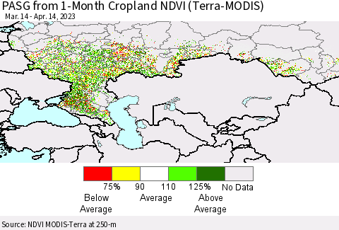 Russian Federation PASG from 1-Month Cropland NDVI (Terra-MODIS) Thematic Map For 4/7/2023 - 4/14/2023