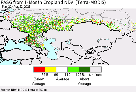 Russian Federation PASG from 1-Month Cropland NDVI (Terra-MODIS) Thematic Map For 4/15/2023 - 4/22/2023