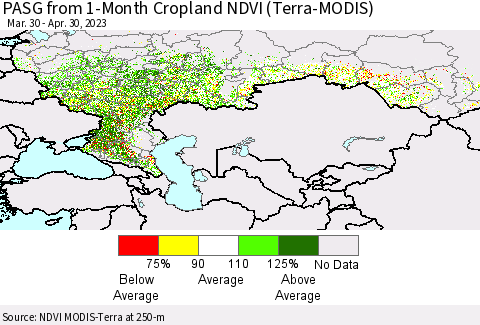 Russian Federation PASG from 1-Month Cropland NDVI (Terra-MODIS) Thematic Map For 4/23/2023 - 4/30/2023