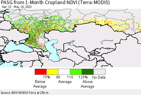 Russian Federation PASG from 1-Month Cropland NDVI (Terra-MODIS) Thematic Map For 5/9/2023 - 5/16/2023