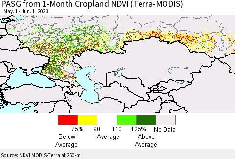 Russian Federation PASG from 1-Month Cropland NDVI (Terra-MODIS) Thematic Map For 5/25/2023 - 6/1/2023