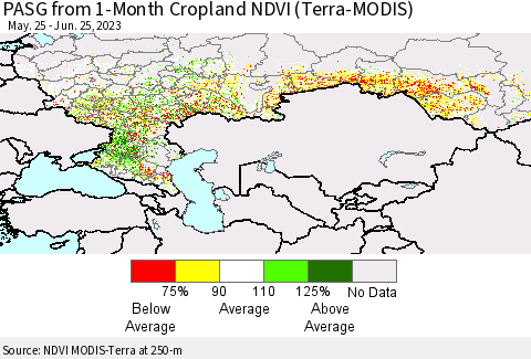 Russian Federation PASG from 1-Month Cropland NDVI (Terra-MODIS) Thematic Map For 6/18/2023 - 6/25/2023