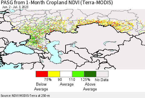 Russian Federation PASG from 1-Month Cropland NDVI (Terra-MODIS) Thematic Map For 6/26/2023 - 7/3/2023