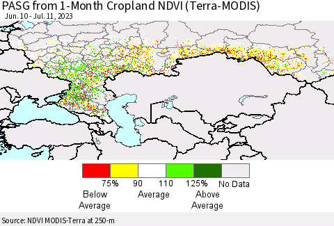 Russian Federation PASG from 1-Month Cropland NDVI (Terra-MODIS) Thematic Map For 7/4/2023 - 7/11/2023