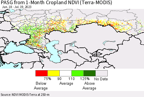 Russian Federation PASG from 1-Month Cropland NDVI (Terra-MODIS) Thematic Map For 7/12/2023 - 7/19/2023