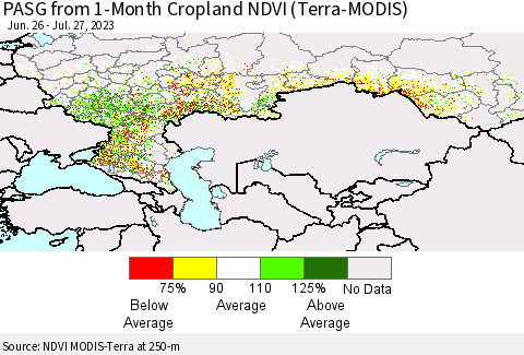 Russian Federation PASG from 1-Month Cropland NDVI (Terra-MODIS) Thematic Map For 7/20/2023 - 7/27/2023