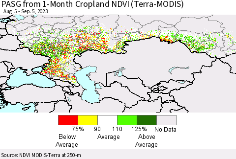 Russian Federation PASG from 1-Month Cropland NDVI (Terra-MODIS) Thematic Map For 8/29/2023 - 9/5/2023
