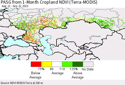Russian Federation PASG from 1-Month Cropland NDVI (Terra-MODIS) Thematic Map For 9/14/2023 - 9/21/2023