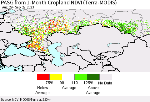 Russian Federation PASG from 1-Month Cropland NDVI (Terra-MODIS) Thematic Map For 9/22/2023 - 9/29/2023