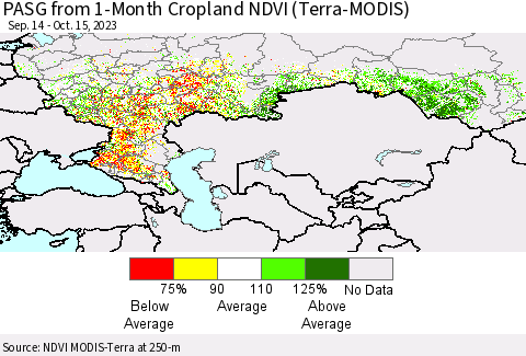 Russian Federation PASG from 1-Month Cropland NDVI (Terra-MODIS) Thematic Map For 10/8/2023 - 10/15/2023