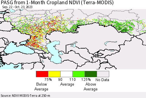 Russian Federation PASG from 1-Month Cropland NDVI (Terra-MODIS) Thematic Map For 10/16/2023 - 10/23/2023