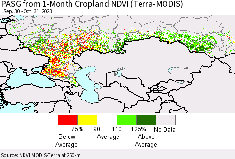 Russian Federation PASG from 1-Month Cropland NDVI (Terra-MODIS) Thematic Map For 10/24/2023 - 10/31/2023