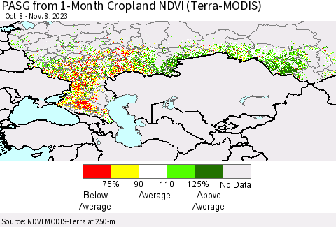 Russian Federation PASG from 1-Month Cropland NDVI (Terra-MODIS) Thematic Map For 11/1/2023 - 11/8/2023