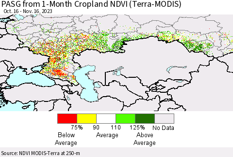 Russian Federation PASG from 1-Month Cropland NDVI (Terra-MODIS) Thematic Map For 11/9/2023 - 11/16/2023