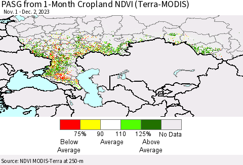 Russian Federation PASG from 1-Month Cropland NDVI (Terra-MODIS) Thematic Map For 11/25/2023 - 12/2/2023