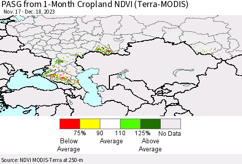 Russian Federation PASG from 1-Month Cropland NDVI (Terra-MODIS) Thematic Map For 12/11/2023 - 12/18/2023