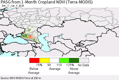 Russian Federation PASG from 1-Month Cropland NDVI (Terra-MODIS) Thematic Map For 12/27/2023 - 1/3/2024