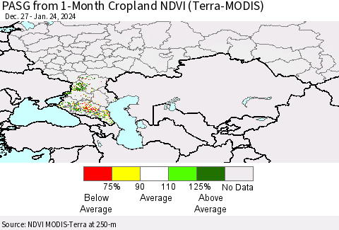 Russian Federation PASG from 1-Month Cropland NDVI (Terra-MODIS) Thematic Map For 1/17/2024 - 1/24/2024