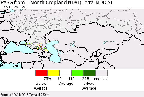 Russian Federation PASG from 1-Month Cropland NDVI (Terra-MODIS) Thematic Map For 1/25/2024 - 2/1/2024