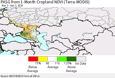 Russian Federation PASG from 1-Month Cropland NDVI (Terra-MODIS) Thematic Map For 3/29/2024 - 4/5/2024