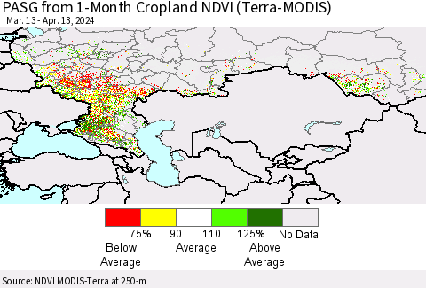 Russian Federation PASG from 1-Month Cropland NDVI (Terra-MODIS) Thematic Map For 4/6/2024 - 4/13/2024
