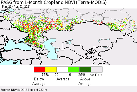 Russian Federation PASG from 1-Month Cropland NDVI (Terra-MODIS) Thematic Map For 4/14/2024 - 4/21/2024