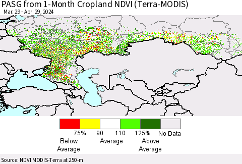 Russian Federation PASG from 1-Month Cropland NDVI (Terra-MODIS) Thematic Map For 4/22/2024 - 4/29/2024